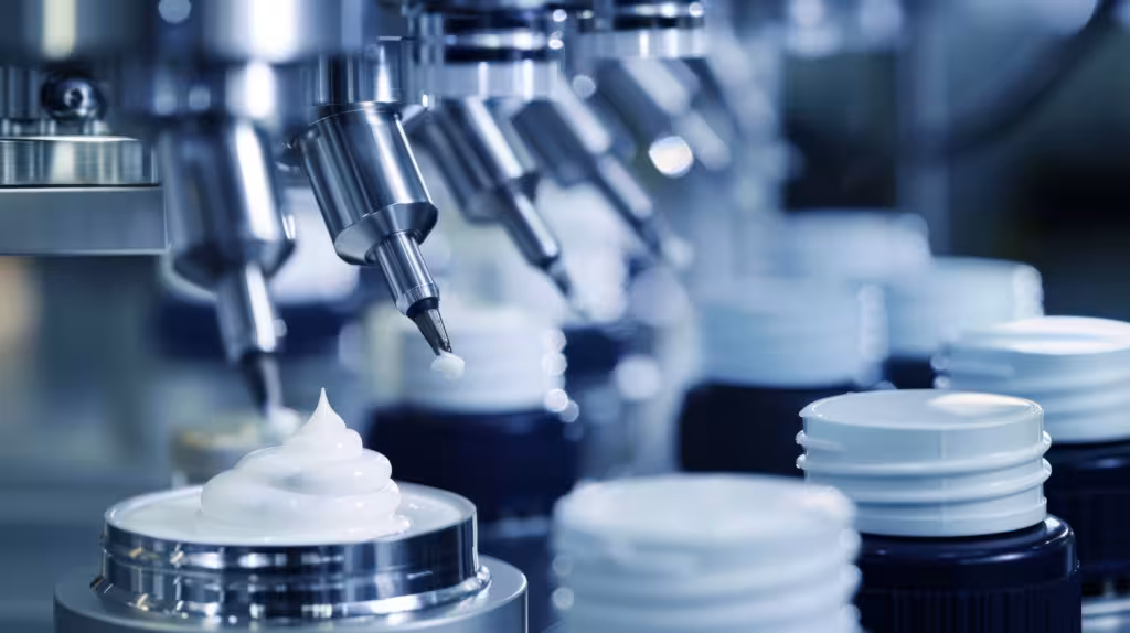 Nærbillede af en automatisk fyldemaskine til kosmetiske tuber, præcisionsdyser, der doserer creme, industrielle omgivelser